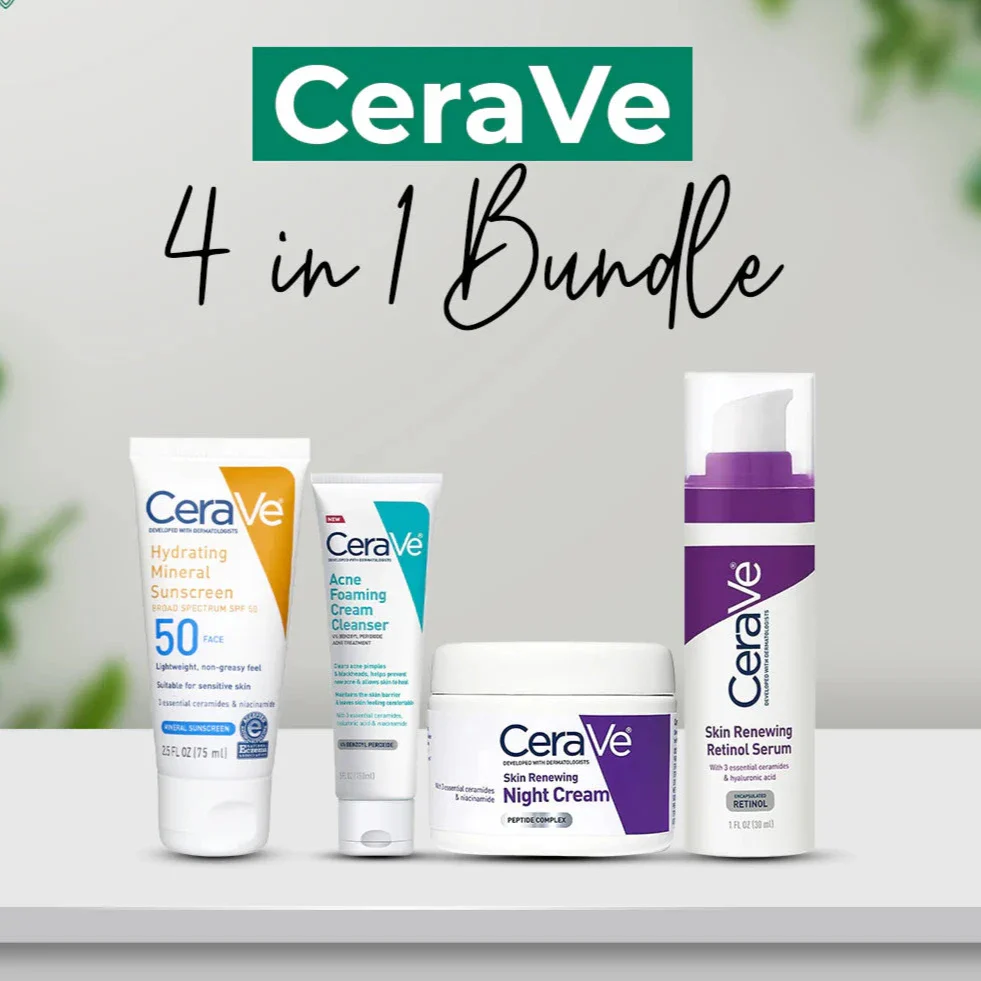 CeraVe Acne Cleanser, retinol Oil, Night Cream, Mineral sunscreen