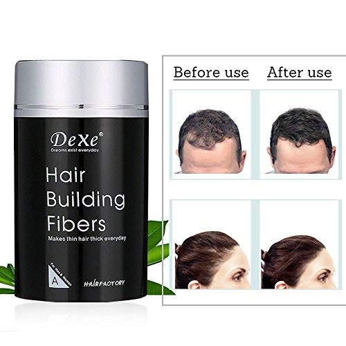 Sprinkle Dexe Hair Fiber in clean, dry hair on thin patches