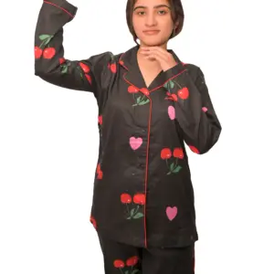 Cotton Ladies Black Night Dress – Cherry Print Design
