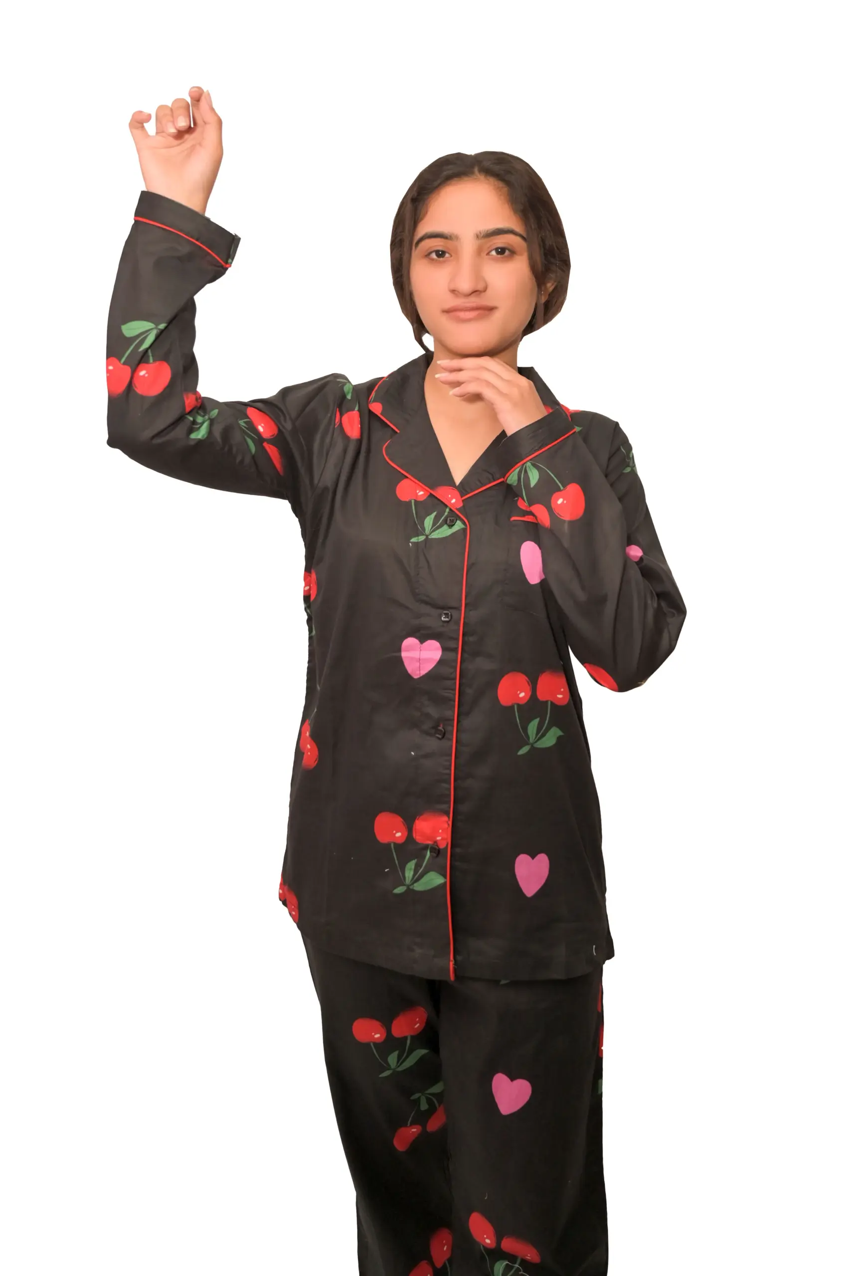 Cotton Ladies Black Night Dress – Cherry Print Design