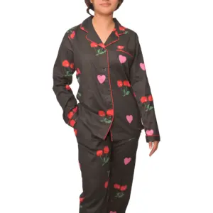 Cotton Ladies Black Night Dress – Cherry Print Design